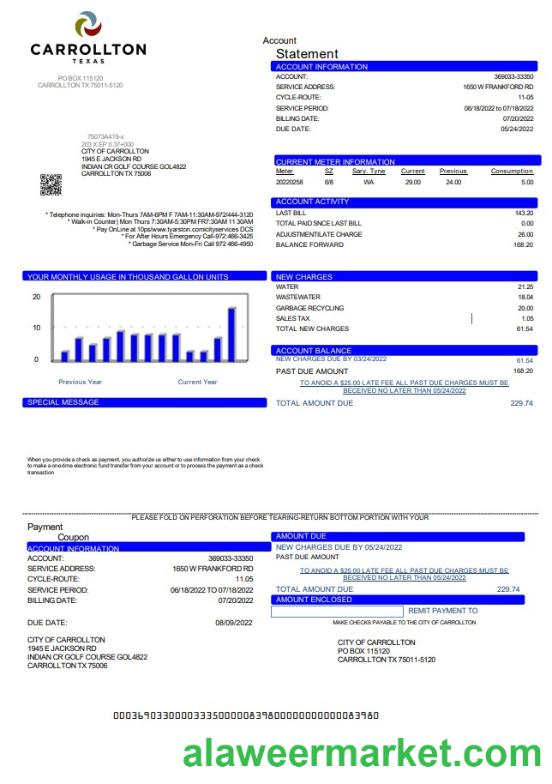 USA Texas Carrollton utility bill template in Word and PDF format